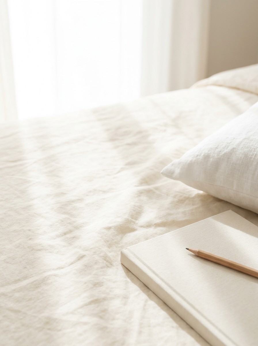 The corner of a white linen pillow and a linen-covered notebook with a pencil at the lower-right of cream linen bedding, with bright empty space at the upper-left.