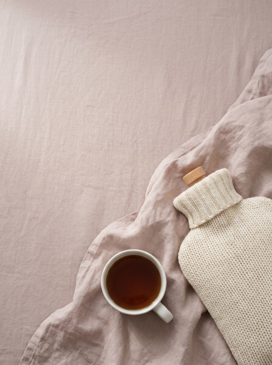 A cream knitted hot-water bottle and a white cup of tea on dusty-rose linen, with open space at upper left.