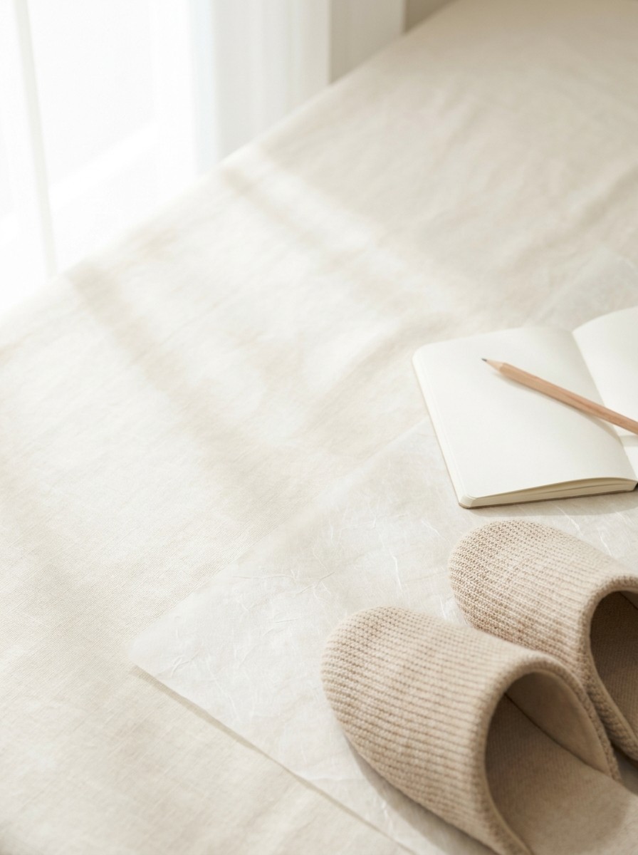 Beige knit indoor slippers and a small blank notebook with a pencil pushed to the lower-right of cream linen and hanji, the upper-left left empty in soft window light.