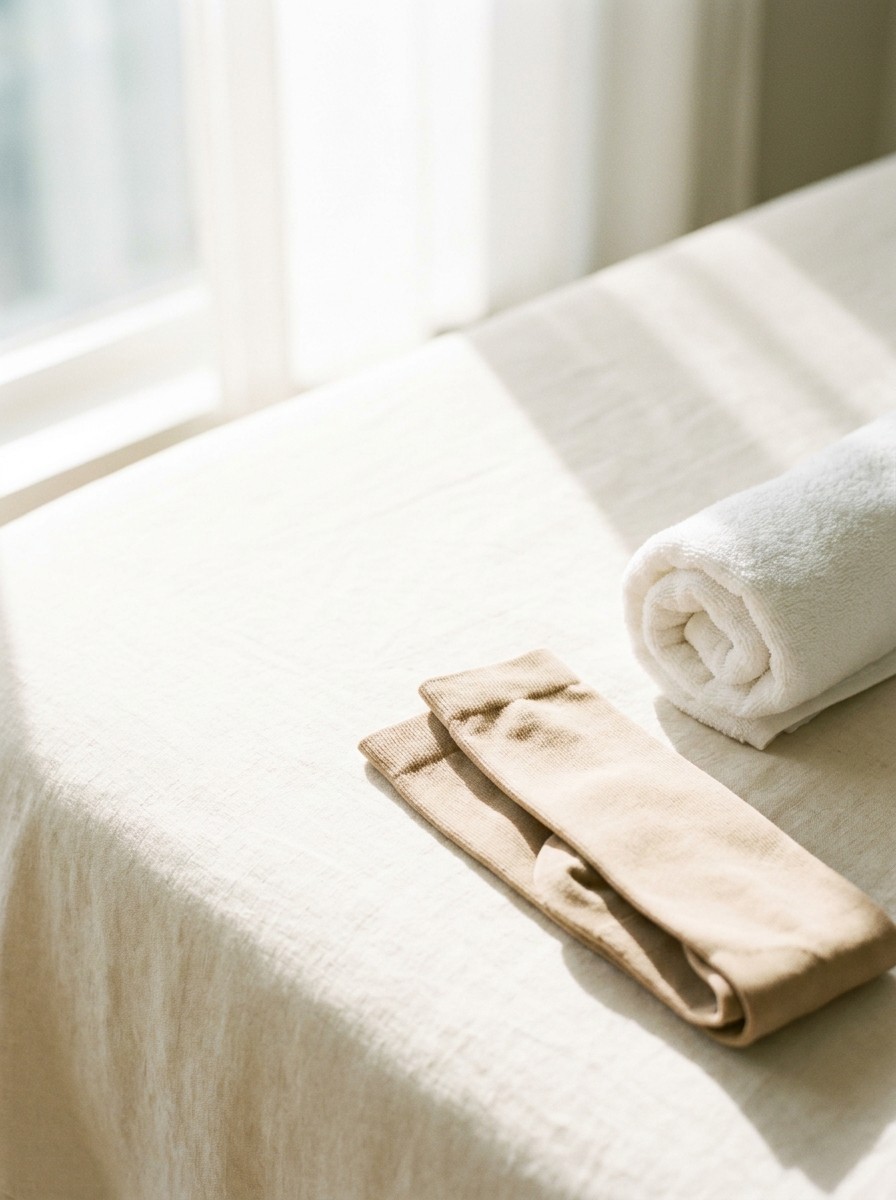 Folded beige compression socks and a rolled white towel pushed to the lower-right of cream linen, the upper-left left empty.