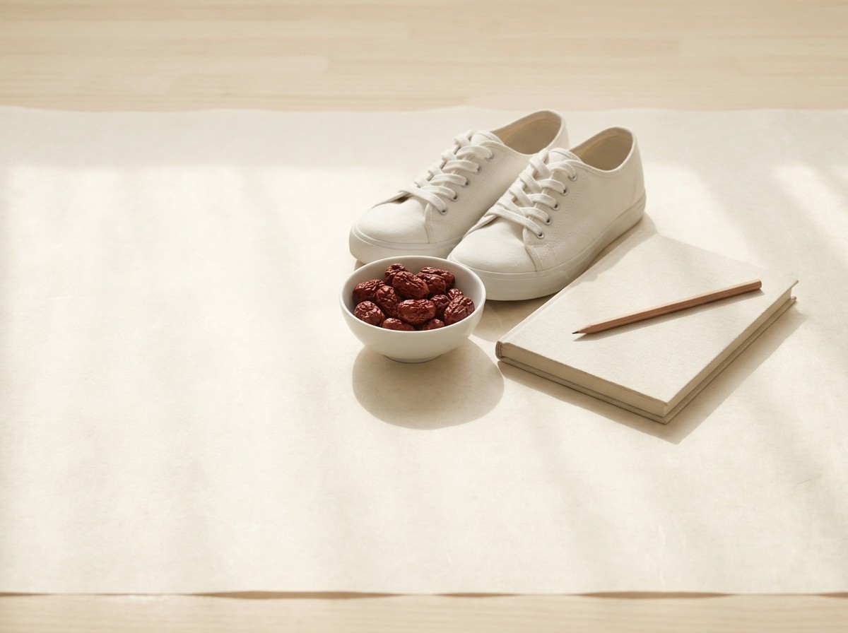 A pair of white walking sneakers, a small white bowl of dried jujubes and a closed notebook with a pencil on hanji paper in soft window light.