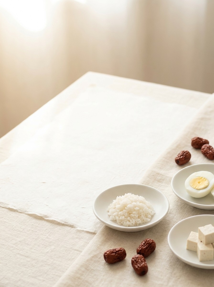 Three small white porcelain dishes with a little rice, half a boiled egg and tofu cubes, and a few dried jujubes at the lower-right of cream linen and hanji paper.