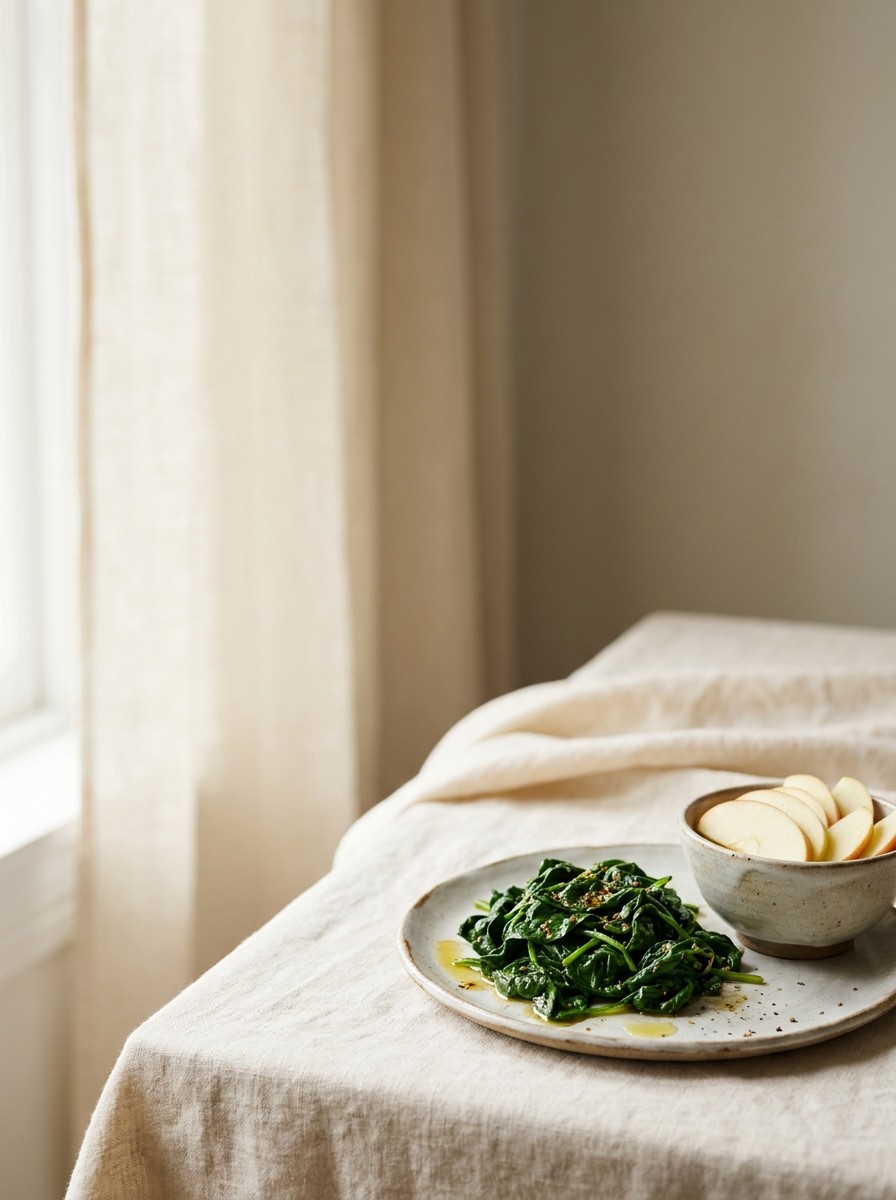 A plate of seasoned spinach and a small bowl of sliced apple at the lower-right of cream linen, with bright empty space at the upper-left.