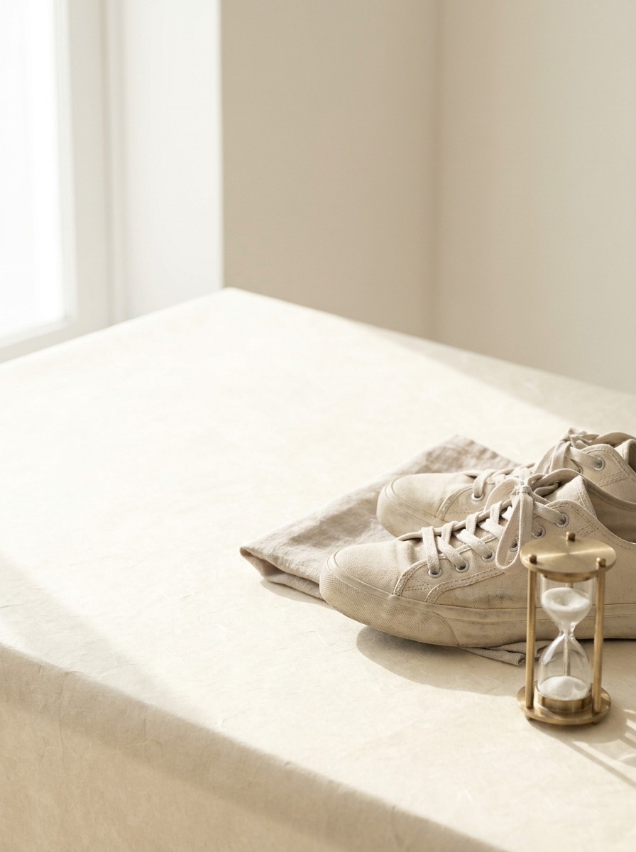 A pair of canvas sneakers on a folded linen towel and a small brass hourglass at the lower-right of cream hanji paper, with bright empty space at the upper-left.