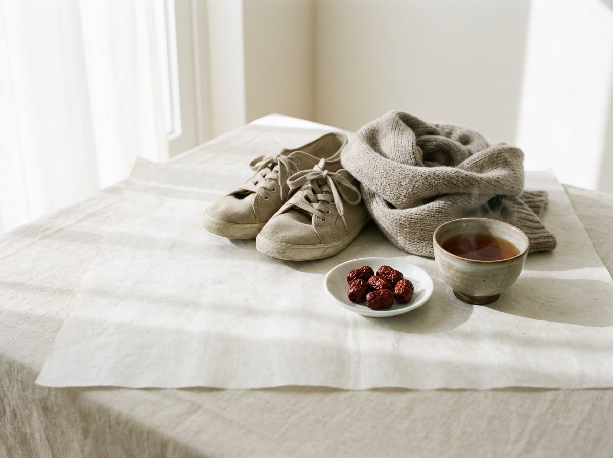 A pair of plain beige walking shoes, a folded knit scarf, a small white porcelain dish of dried jujubes and a warm cup of tea grouped on hanji paper over cream linen in soft window light.