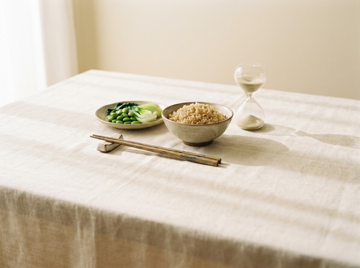Wooden chopsticks on a ceramic rest, a bowl of brown rice, a dish of greens and a small glass hourglass grouped on cream linen in soft window light.