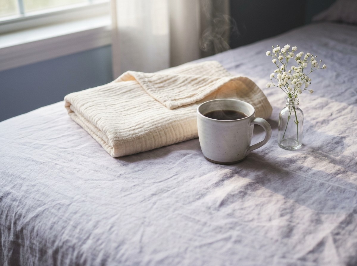 A folded cream muslin baby blanket, a white mug of warm tea and a sprig of white baby's breath in a small glass bottle on pale lavender-grey linen in soft early morning light.