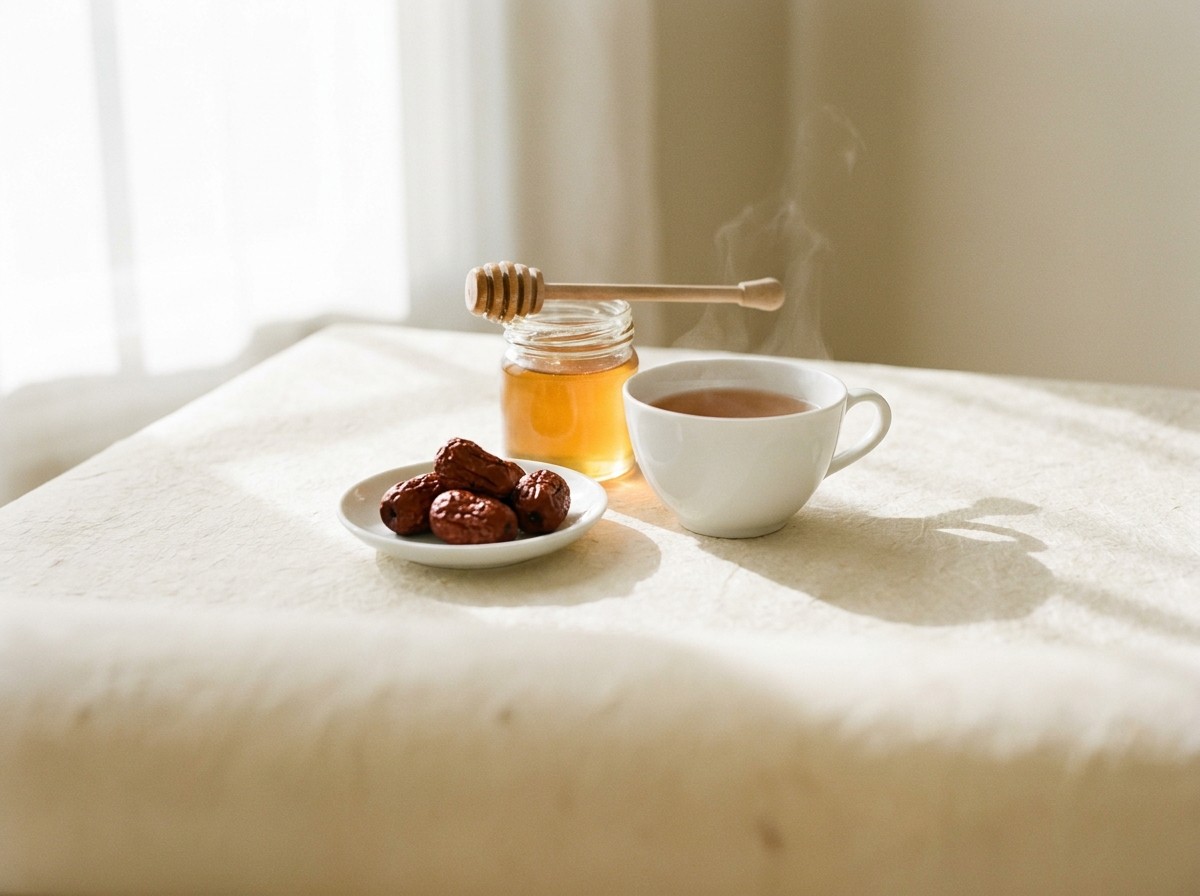 A small unlabeled glass jar of golden honey with a wooden dipper, a white porcelain cup of warm tea and a few dried jujubes on a white dish clustered on cream hanji paper in soft window light.