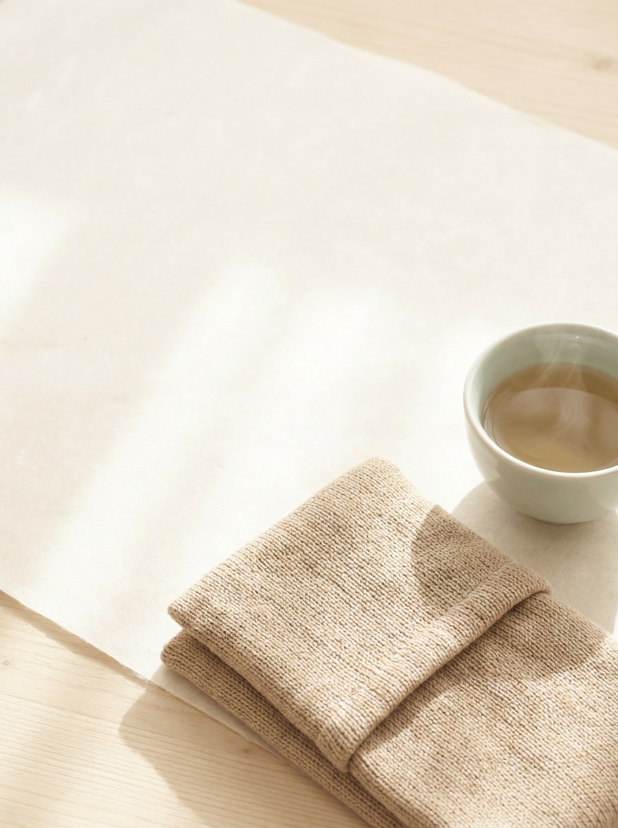 A folded beige cotton heat pack and a celadon cup of warm tea at the lower-right of cream hanji paper, with bright empty space at the upper-left.
