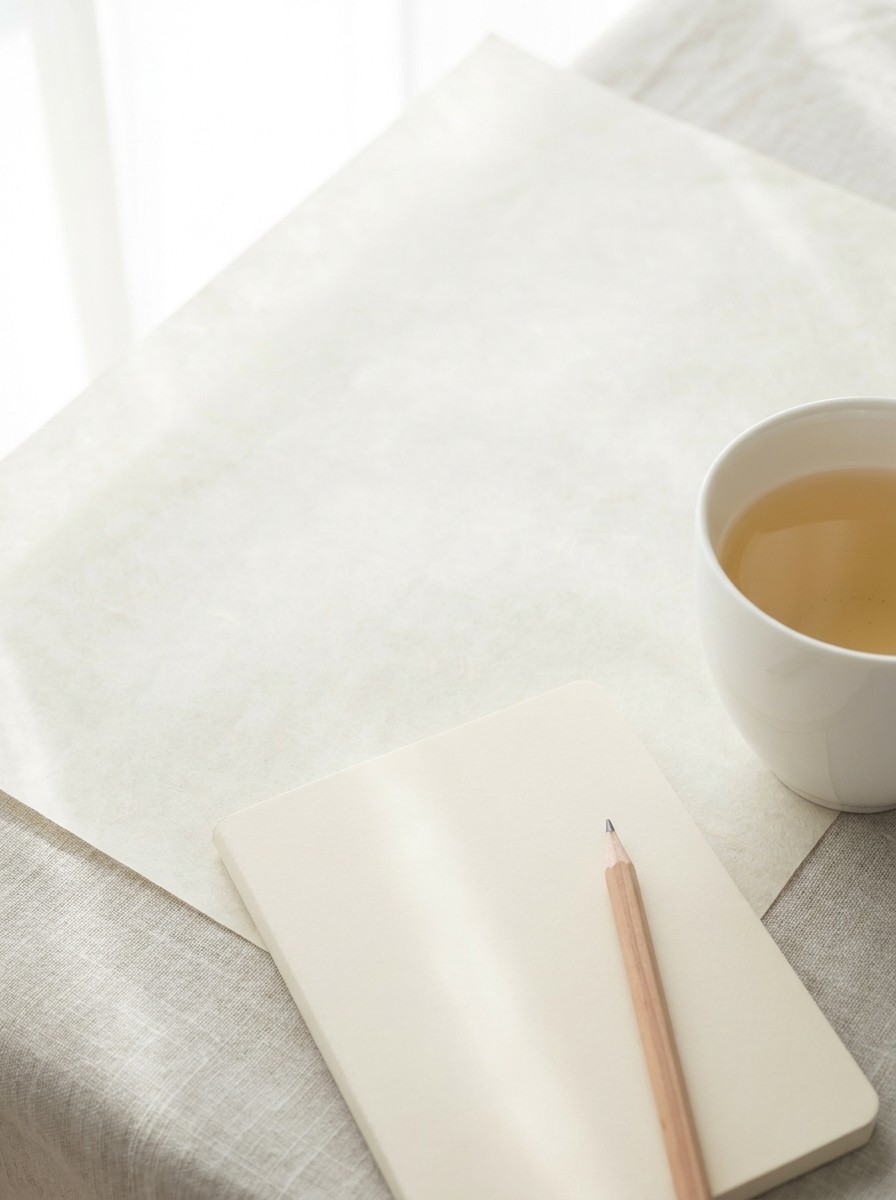 A closed cream notebook with a wooden pencil and a white cup of tea at the lower-right of cream hanji paper, with bright empty space at the upper-left.