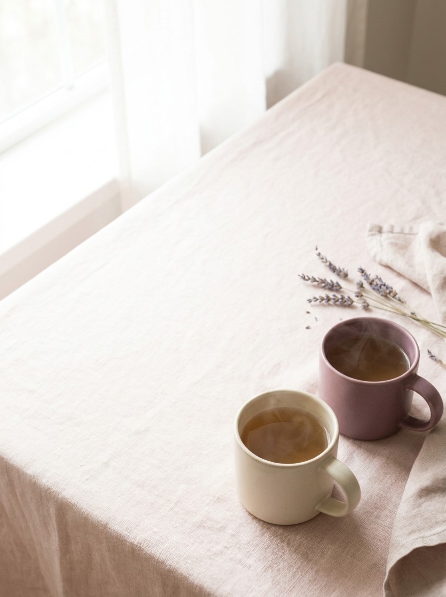 Two matching ceramic mugs of warm tea, one cream and one plum, side by side on blush linen, with open space at upper left.
