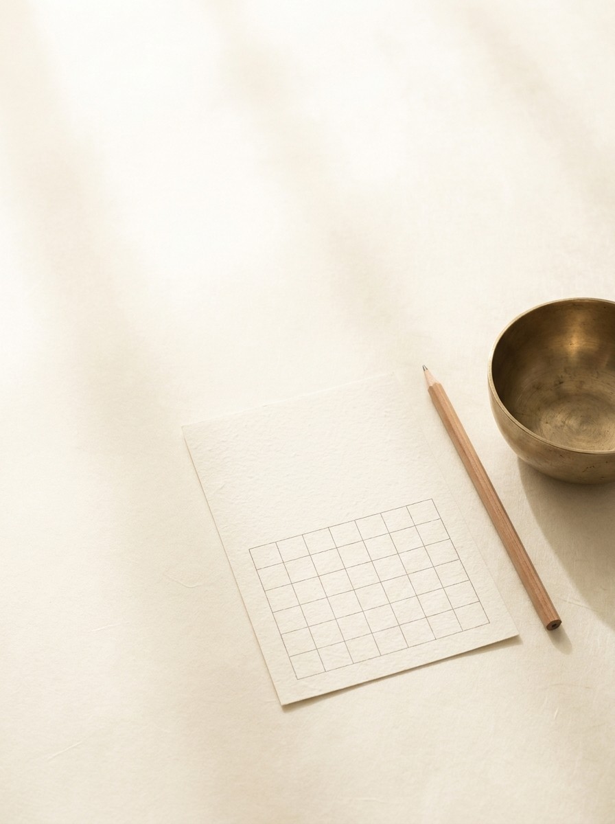 A blank grid calendar card, a wooden pencil and a brass bowl at the lower-right of cream rice paper, with bright empty space at the upper-left.