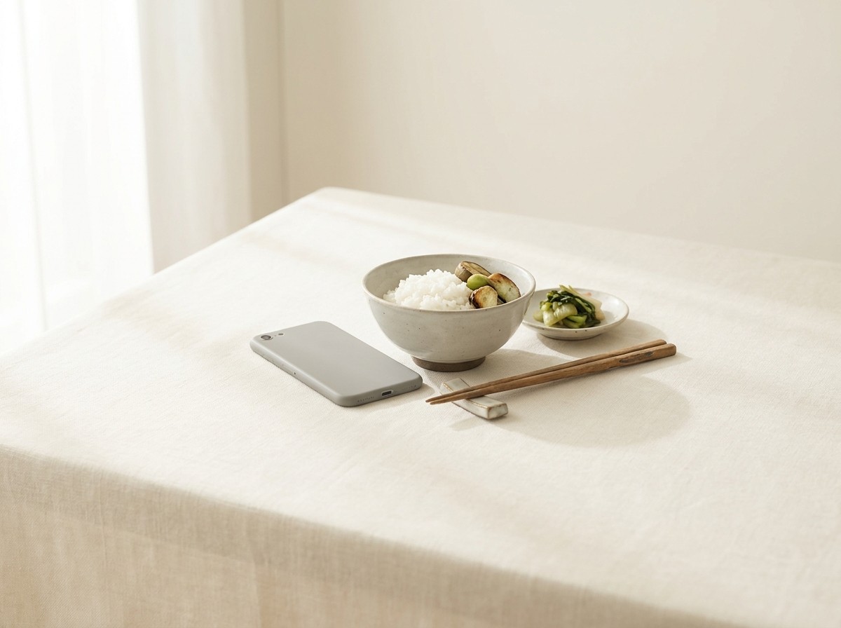 A plain smartphone lying face-down beside a ceramic bowl of rice, a small side dish of vegetables and wooden chopsticks on a rest, grouped on cream linen in soft window light.