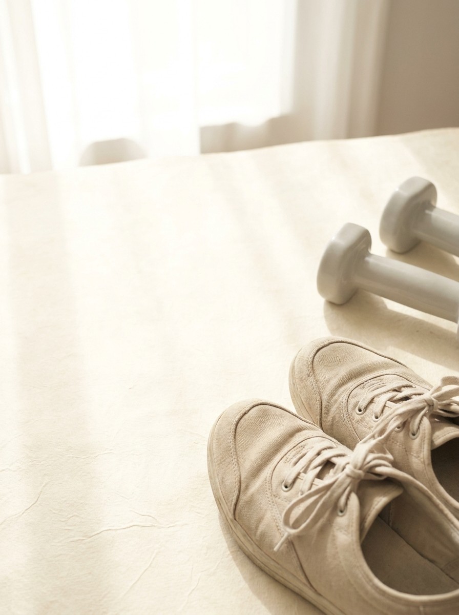 A pair of beige walking shoes and two small light gray hand weights at the lower-right of cream hanji paper, the upper-left left bright and empty.