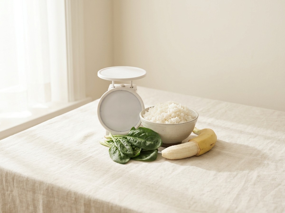 A small white kitchen scale with a blank face, a bowl of white rice, fresh spinach and half a banana on cream linen in soft window light.