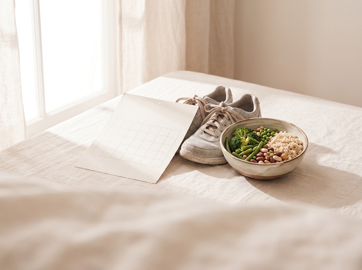 A blank calendar page, a pair of light gray walking sneakers and a bowl of brown rice with green vegetables and beans clustered on cream linen in soft window light.