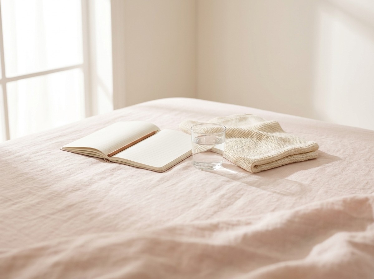 An open blank lined notebook with a wooden pencil, a clear glass of water and a folded cream knitted baby blanket on pale blush-pink linen in soft window light.