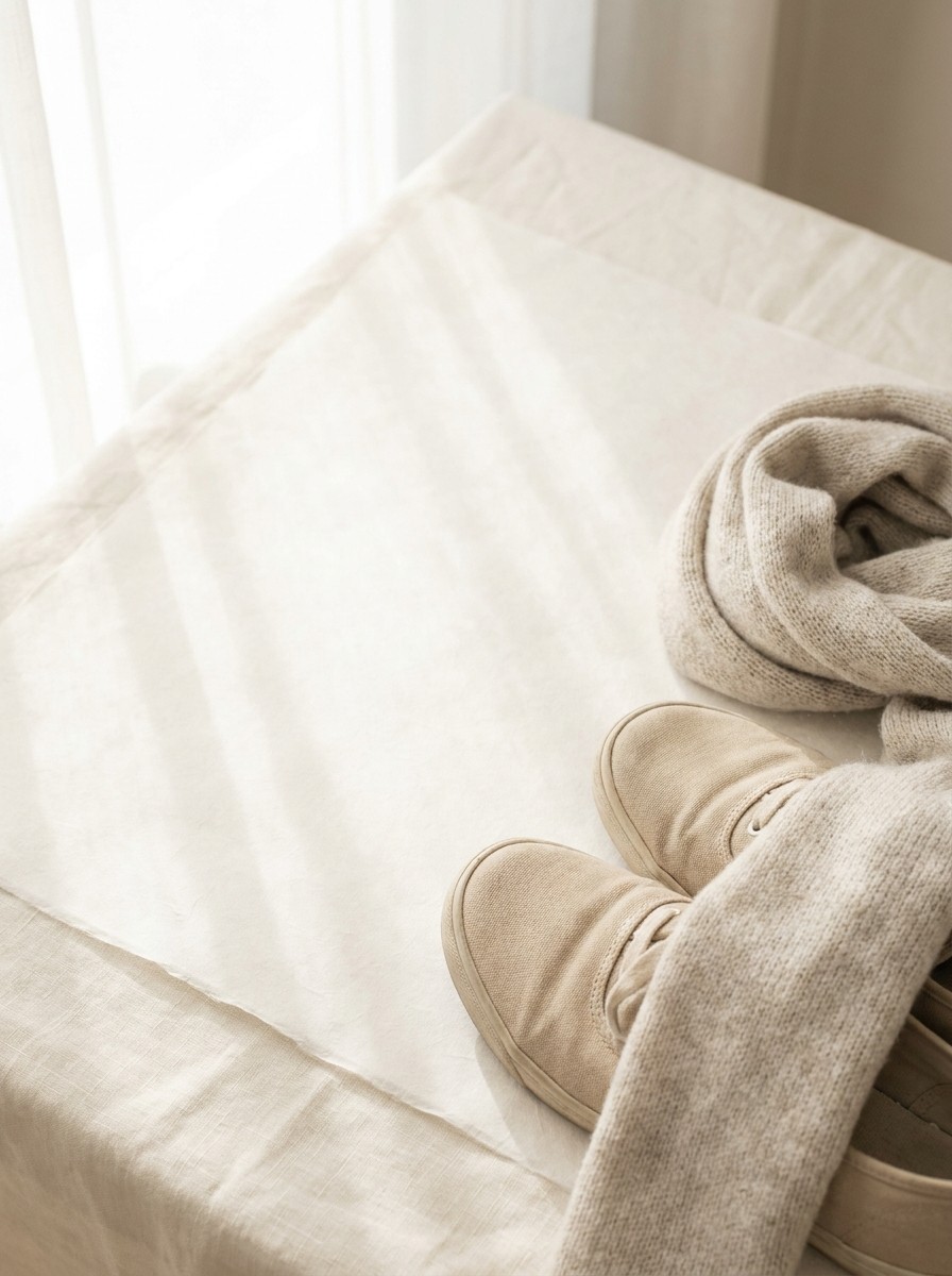 A pair of plain beige walking shoes and a folded knit scarf pushed to the lower-right of hanji paper over cream linen, the upper-left left empty in soft window light.