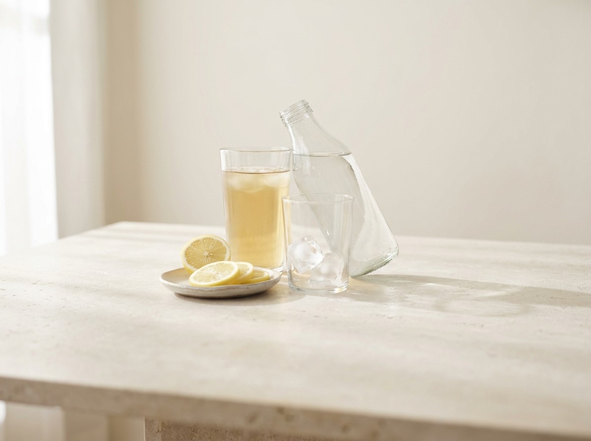 A clear glass bottle of water, a glass of pale unsweetened tea, lemon slices on a ceramic saucer and an empty glass with ice clustered on a pale stone table in soft window light.