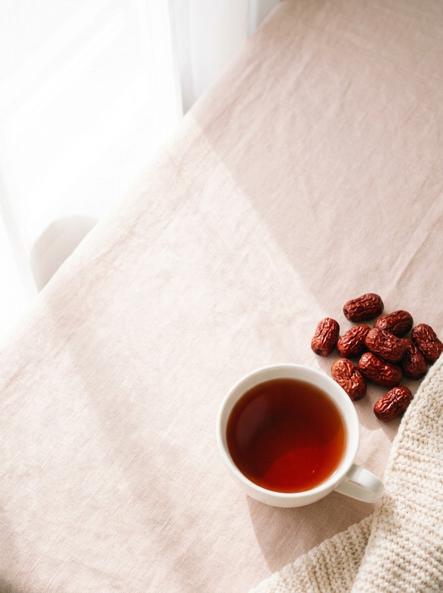 A white cup of warm jujube tea, dried red jujubes and a folded cream knit blanket on pale blush linen, with open space at upper left.