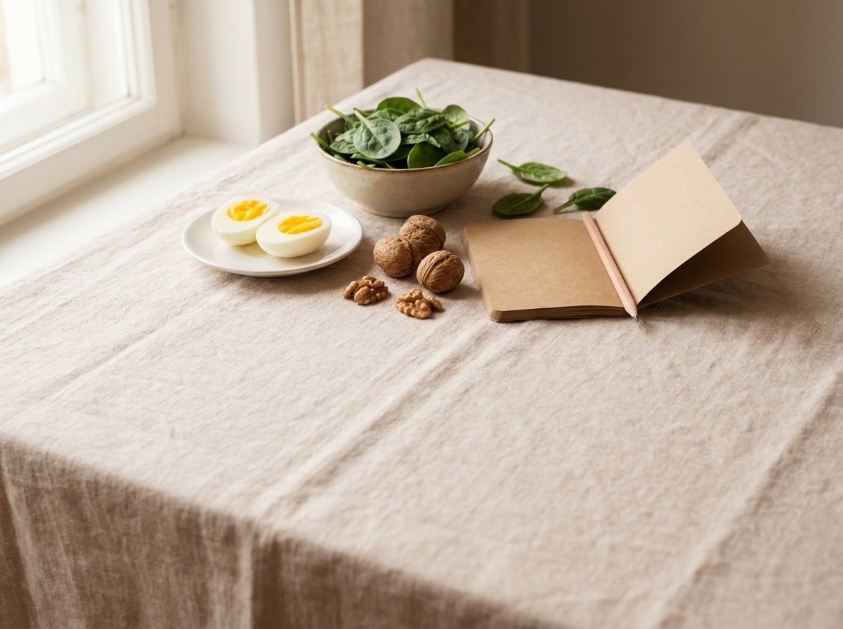 A bowl of fresh spinach, halved boiled eggs on a white plate, walnuts and a small blank notebook with a pencil on pale beige linen in soft morning light.
