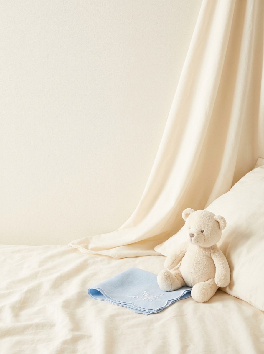 A small cream plush bear sitting beside a folded light blue handkerchief on a cream bedsheet, with open space at upper left.