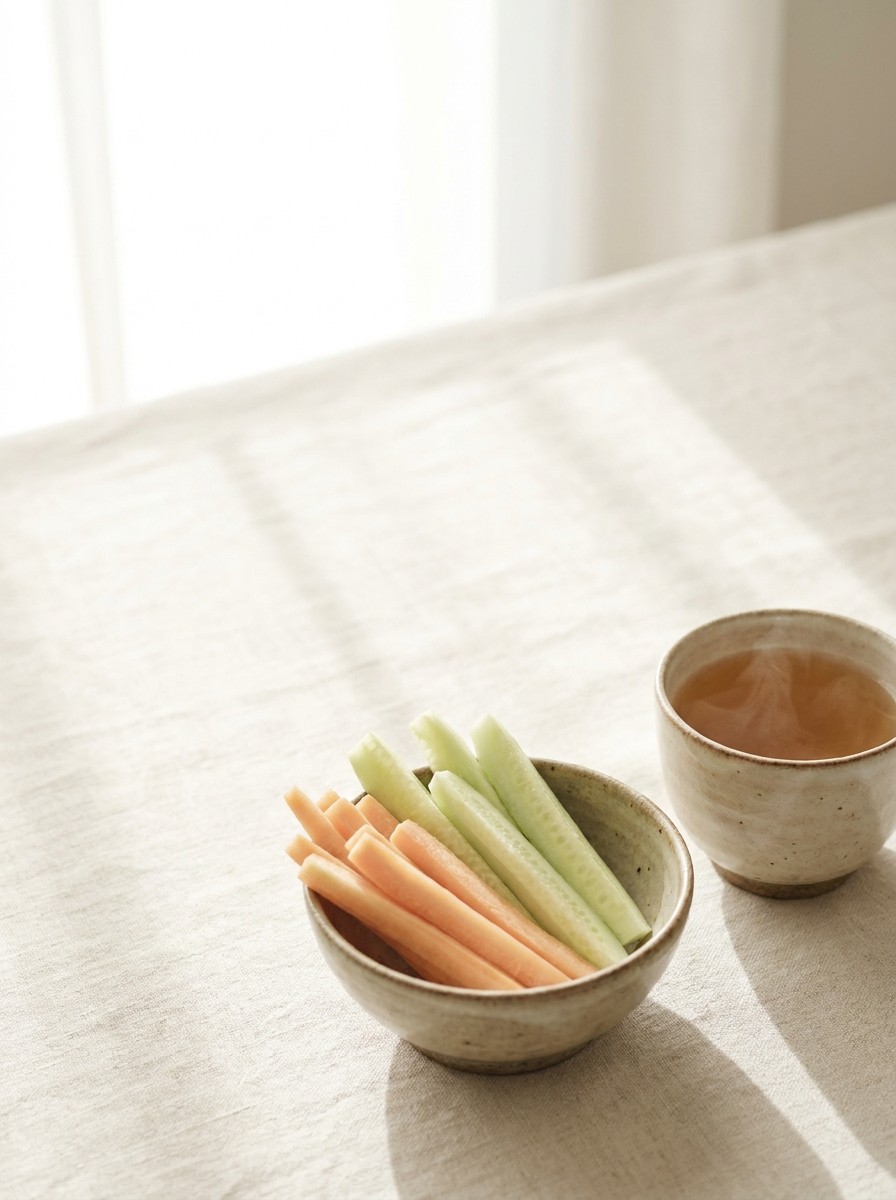 A ceramic bowl of carrot and cucumber sticks and a cup of warm barley tea at the lower-right of cream linen, with bright empty space at the upper-left.