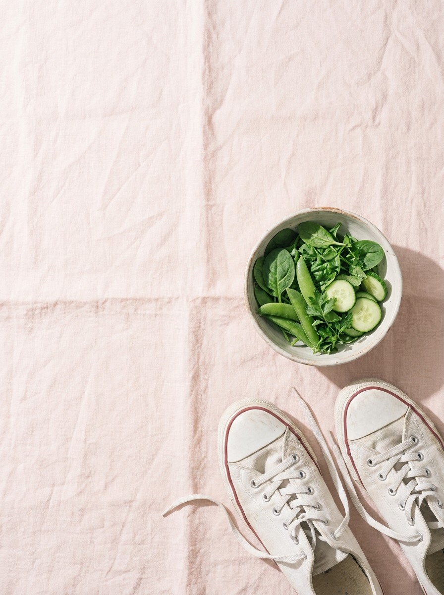A pair of white canvas sneakers and a small ceramic bowl of fresh green vegetables on pale blush-pink linen, with open space at upper left.