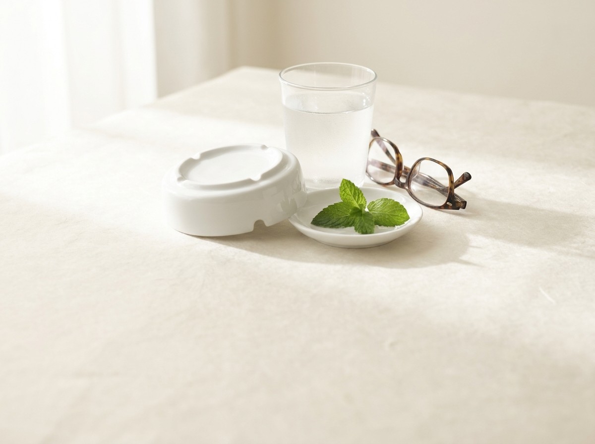 A clean white ashtray turned upside down, a glass of cold water, folded reading glasses and fresh mint leaves on a small dish clustered on cream rice paper in soft window light.