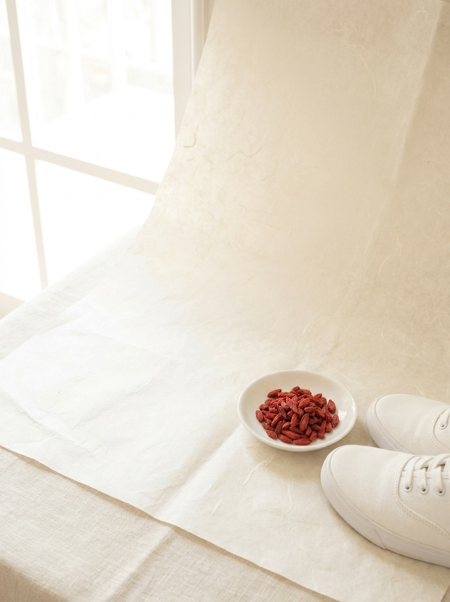 A small porcelain dish of dried goji berries and a pair of plain white sneakers at the lower-right of cream hanji paper, with bright empty space at the upper-left.