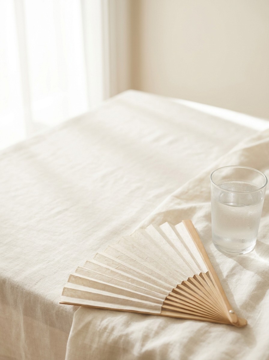 A folded pale paper hand fan and a glass of cold water at the lower-right of cream linen, the upper-left left empty.