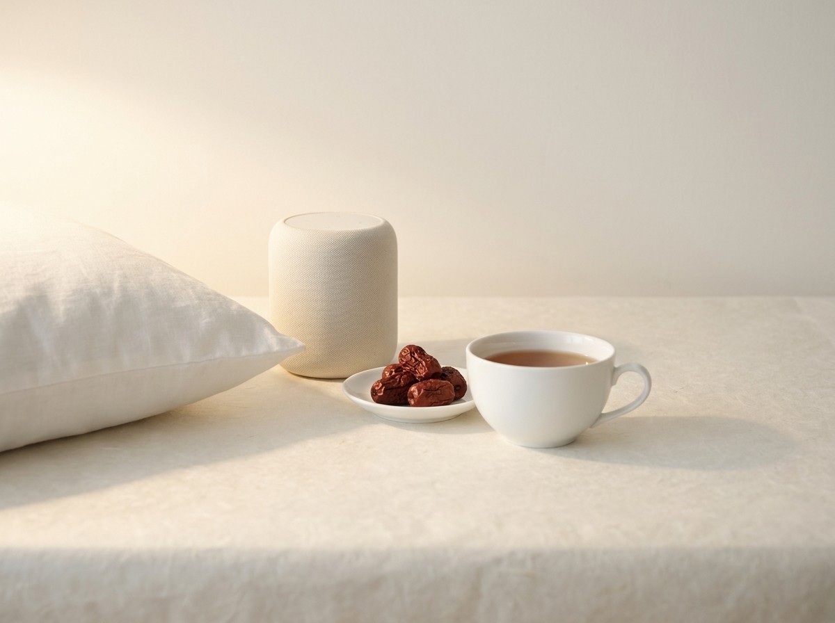 A small cream fabric bedside speaker, the corner of a white linen pillow, a white porcelain cup of warm tea and dried jujubes on a small dish clustered on cream hanji paper in soft lamplight.