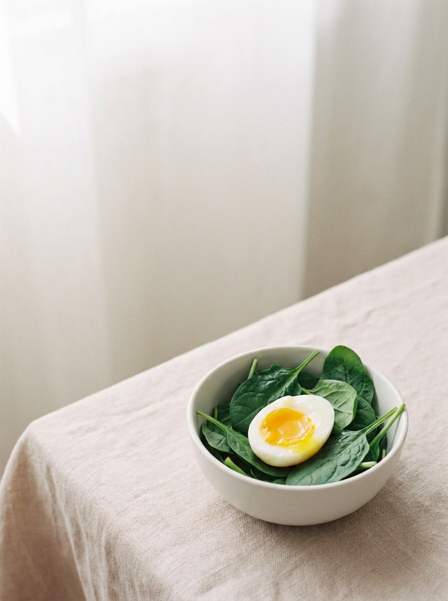 A white bowl of fresh spinach with a halved boiled egg on beige linen, with open space at upper left.