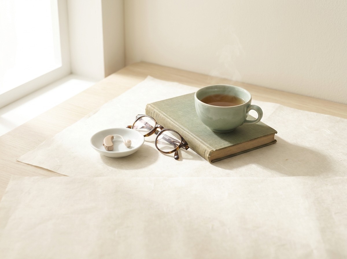 A small beige behind-the-ear hearing aid on a white porcelain dish, folded reading glasses, a closed cloth-bound book and a celadon cup of tea clustered on cream hanji paper in soft window light.