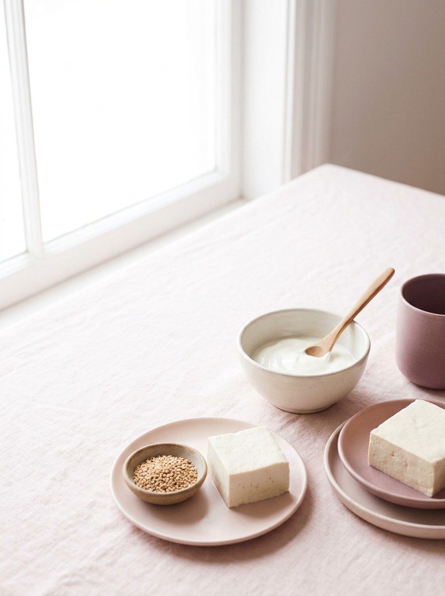 A small white bowl of plain yogurt with a wooden spoon, a plate with a block of soft tofu and a little dish of toasted sesame seeds on blush linen, with open space at upper left.
