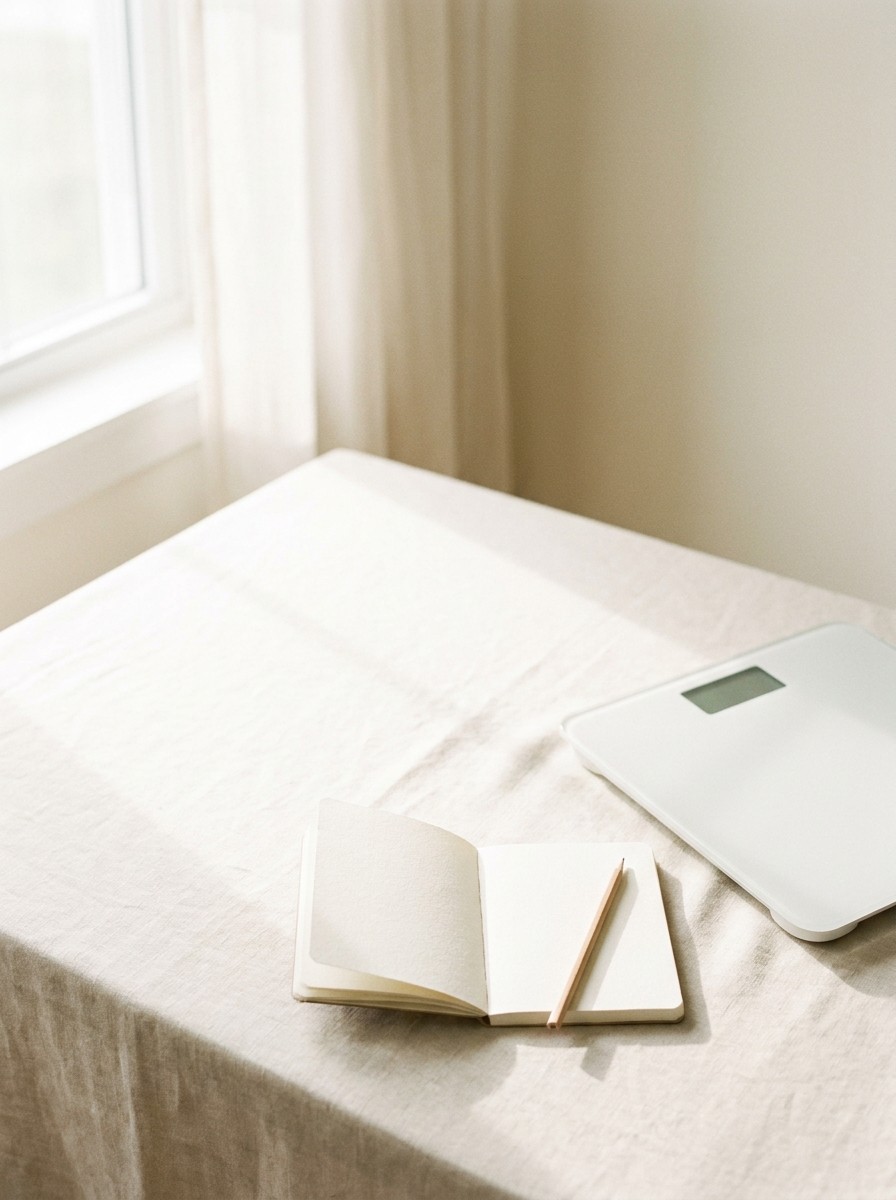 A small open blank notebook with a pencil and a white bathroom scale at the lower-right of cream linen, with bright empty space at the upper-left.