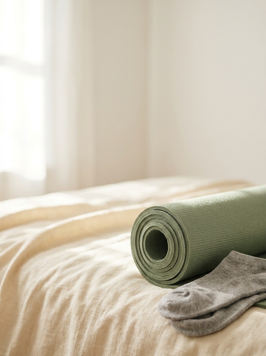 A rolled sage-green exercise mat and grey cotton socks at the lower-right of cream linen, with bright empty space at the upper-left.