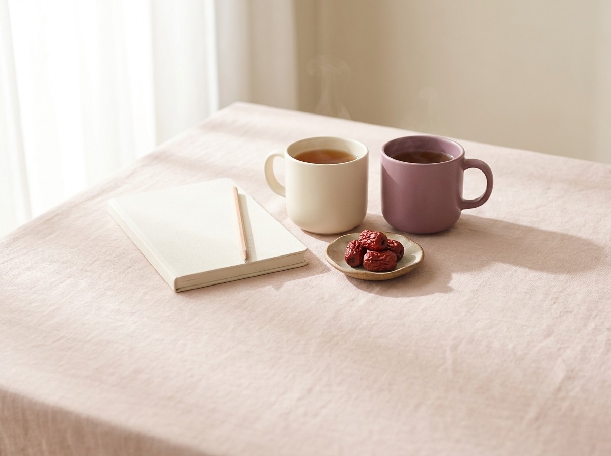 Two ceramic mugs of warm tea side by side, one cream and one plum, a closed plain cream notebook with a pencil and a small dish of dried jujubes grouped on blush linen in soft window light.