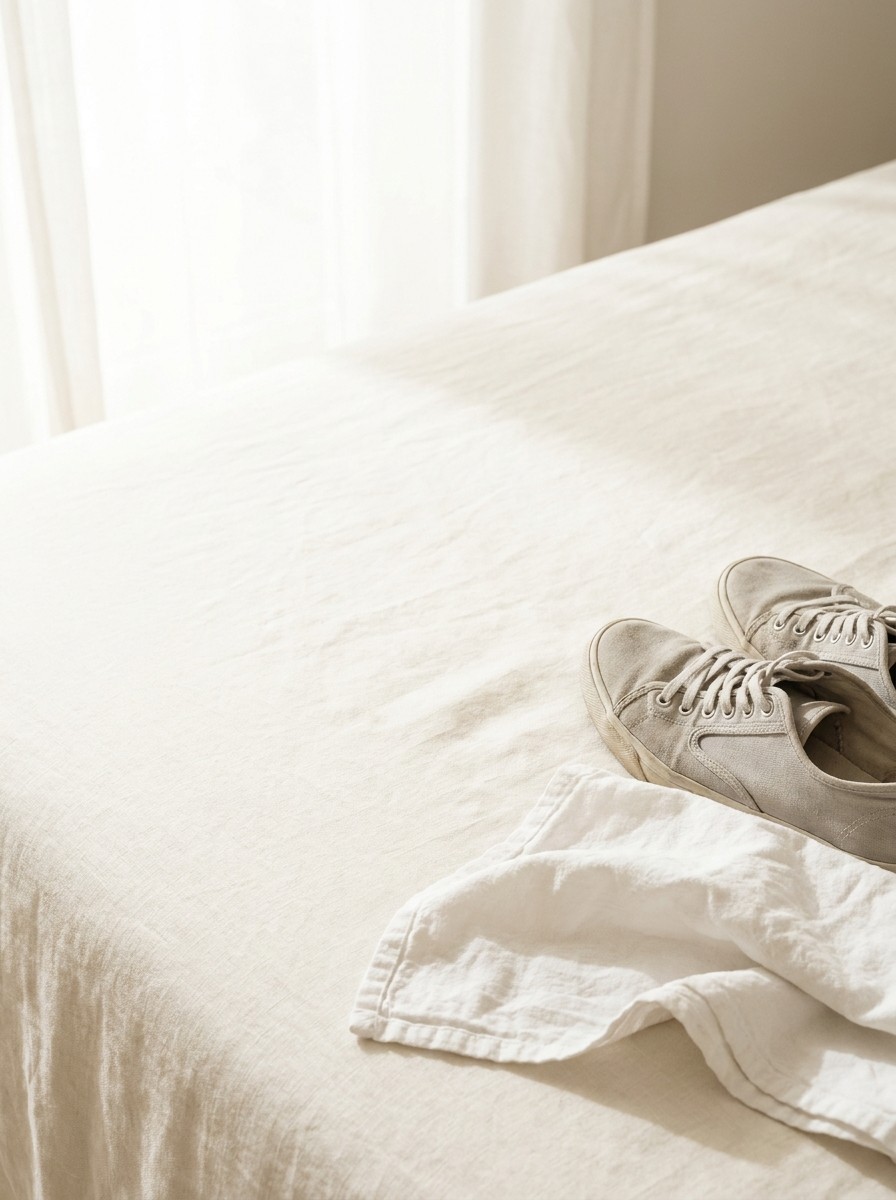A pair of light grey walking shoes and a white cotton towel pushed to the lower-right of cream linen, the upper-left left empty in soft window light.