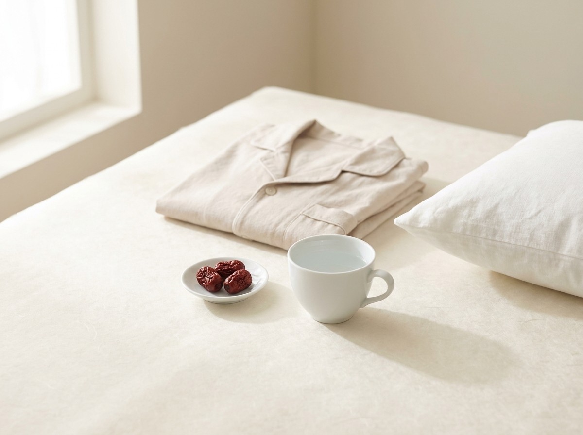 A folded cotton pajama top, a white linen pillow, a white porcelain cup of water and a small dish of dried jujubes on cream hanji in soft morning light.