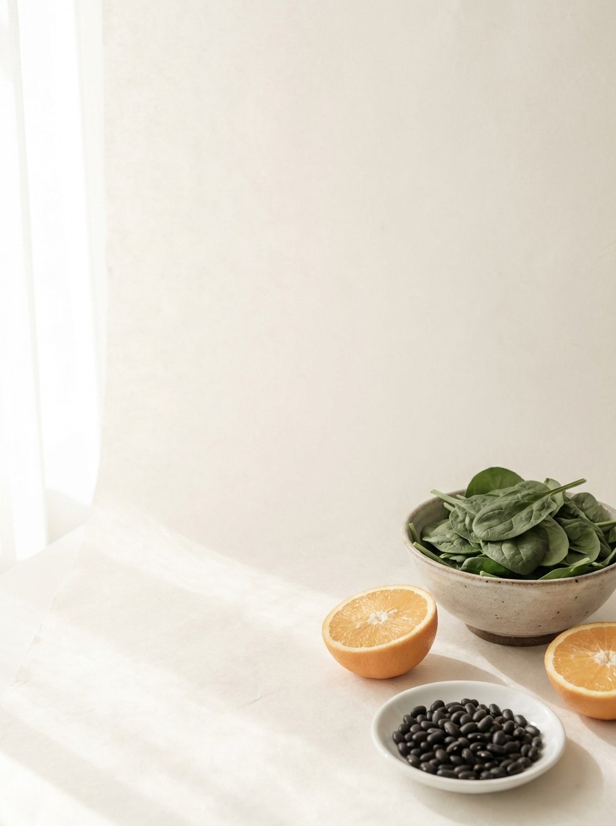 A bowl of fresh spinach, two halved oranges and a small dish of black beans pushed to the lower-right of cream hanji, the upper-left left empty.