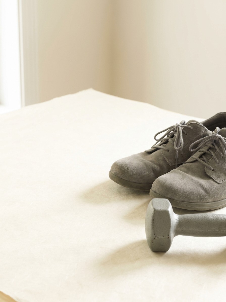 A pair of plain gray walking shoes and a small gray hand dumbbell at the lower-right of cream hanji paper, with bright empty space at the upper-left.