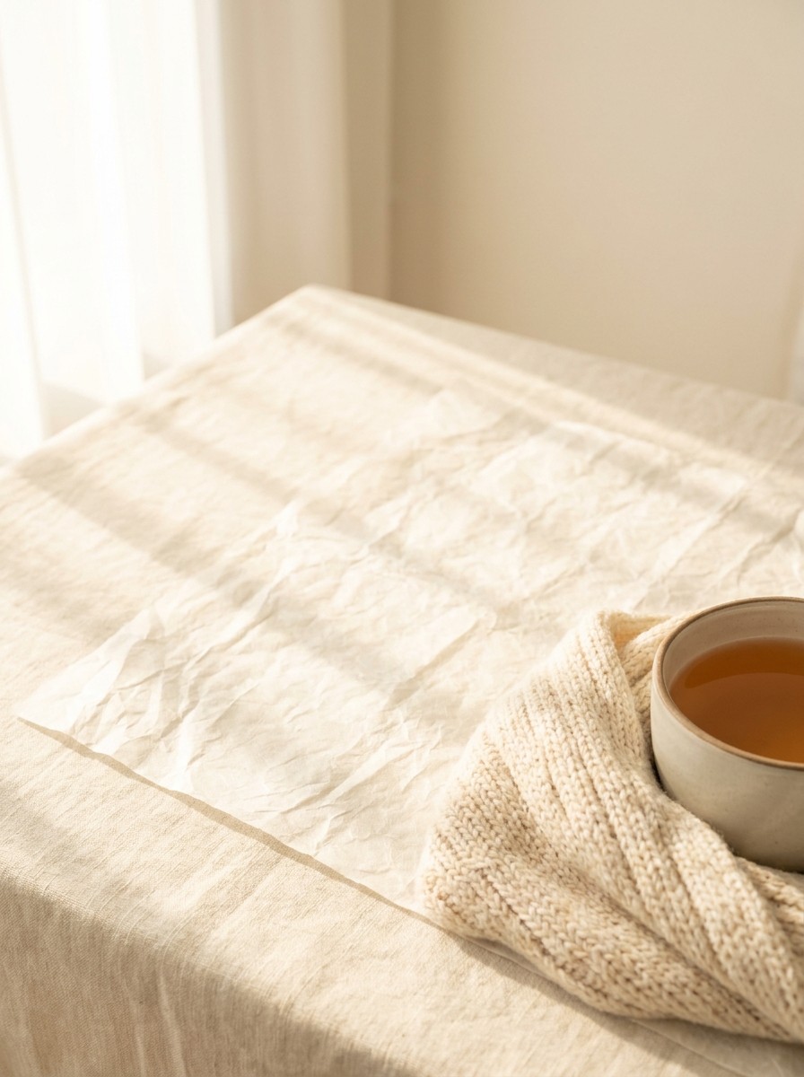 A folded cream knitted scarf and a mug of barley tea pushed to the lower-right of sunlit cream linen and hanji, the upper-left left empty.