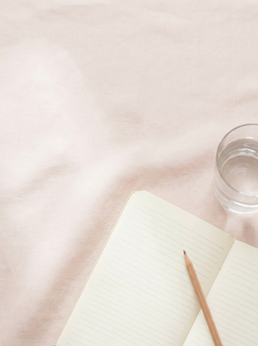 An open blank lined notebook with a wooden pencil and a clear glass of water on pale blush-pink linen, with open space at upper left.