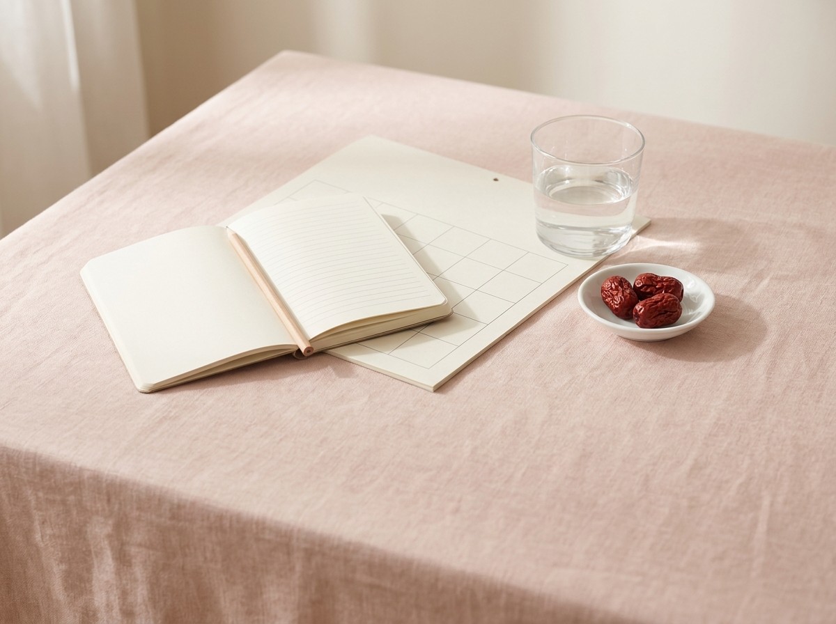 An open blank notebook with a pencil, an empty paper calendar grid, a glass of water and three dried jujubes in a small white dish grouped on blush linen in soft window light.