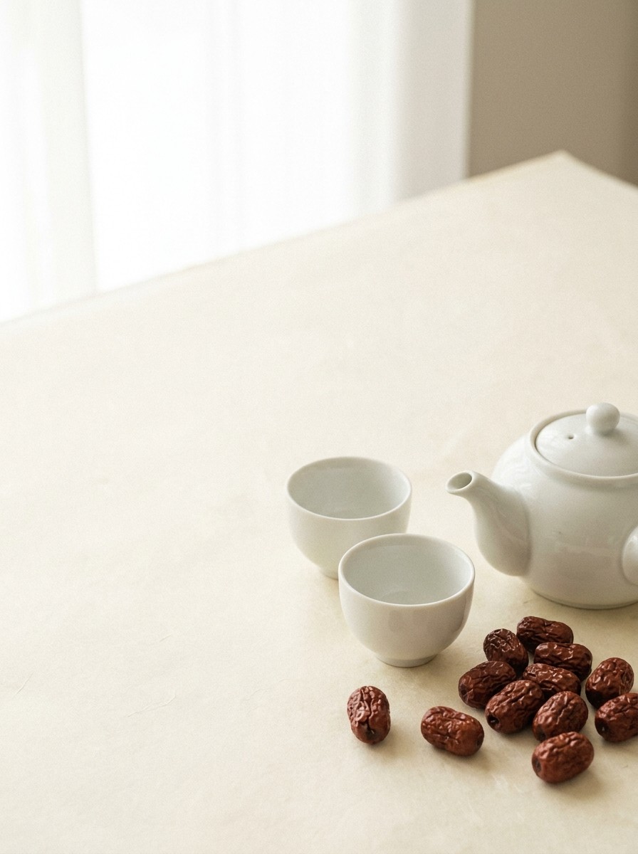 A white porcelain teapot and two small teacups side by side with dried jujubes pushed to the lower-right of hanji paper, the upper-left left empty.