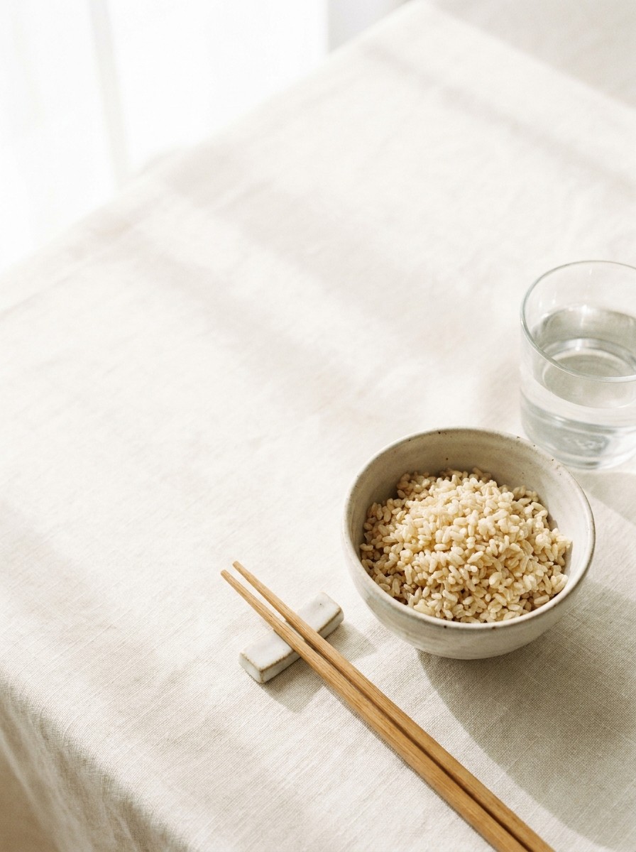 A small bowl of brown rice, wooden chopsticks on a ceramic rest and a glass of water pushed to the lower-right of cream linen, the upper-left left empty.