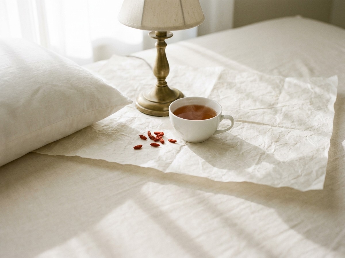 The corner of a white linen pillow, a switched-off brass bedside lamp, a cup of jujube tea and scattered dried goji berries on hanji over cream linen in soft morning light.
