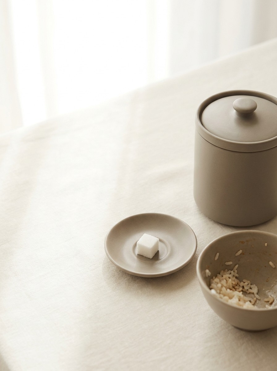 A closed lidded ceramic jar, a saucer holding a single sugar cube and a small rice bowl at the lower-right of cream linen, the upper-left left empty.