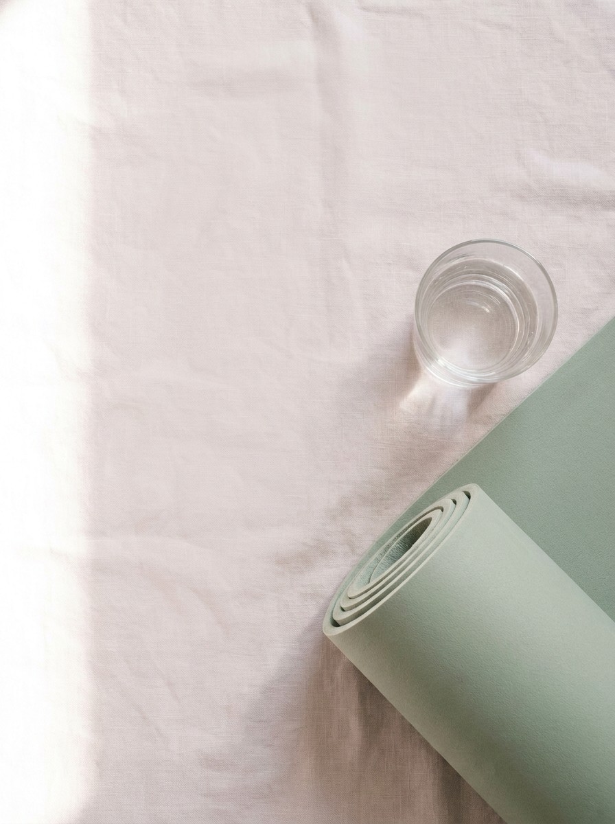 The rolled end of a sage-green yoga mat and a clear glass of water on pale warm-gray linen, with open space at upper left.